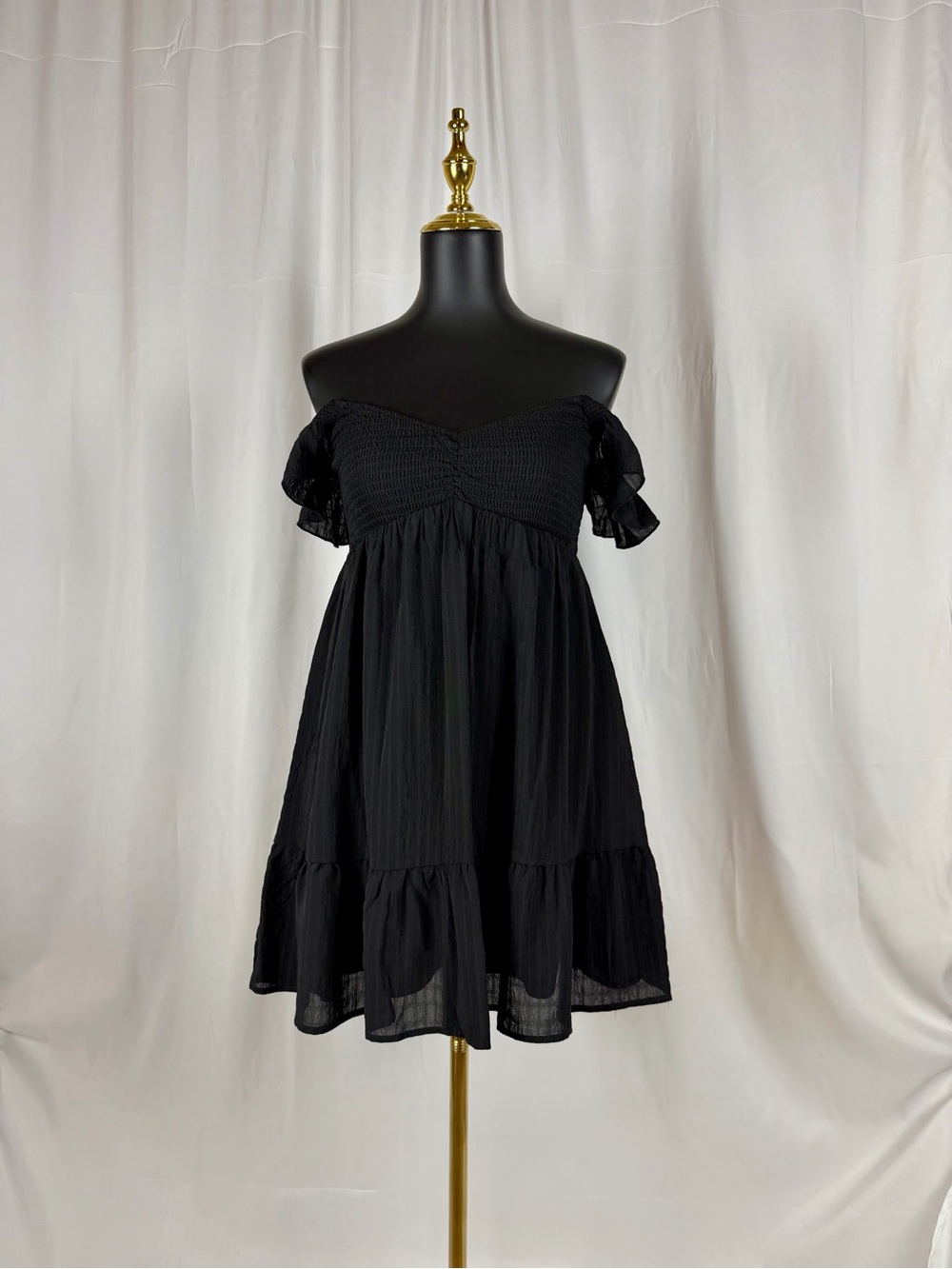 Black Off-Shoulder Smocked Long Sleeve Mini Dress